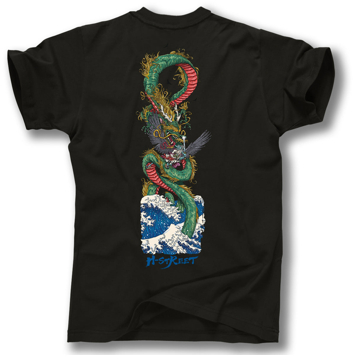 The Minuteman YURO GRAPHIC TEE is a black T-shirt featuring a vibrant Japanese dragon above stylized ocean waves, inspired by the Yuro Nagahara pro model for H-Street skateboards, with blue H-Street text below.
