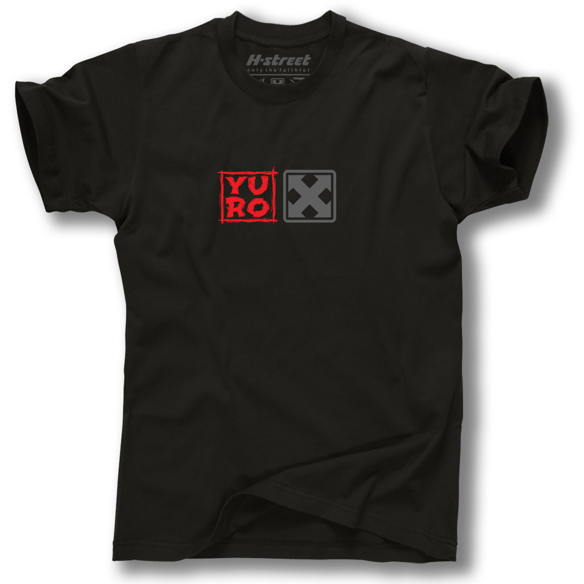 The Minuteman YURO GRAPHIC TEE is a black, short-sleeved shirt with a red YURO logo on the left chest and gray “X” in a square on the right, plus an H-Street label inside the collar—ideal for H-Street skateboard fans.