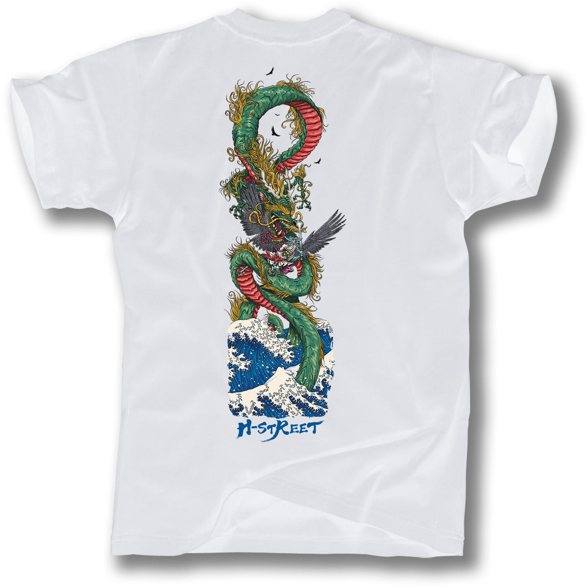 The Minuteman YURO GRAPHIC TEE features a Japanese dragon on a skateboard above ocean waves, with "H-Street" in blue below. Inspired by Yuro Nagahara’s H-Street pro model, the bold graphic is centered on the back.