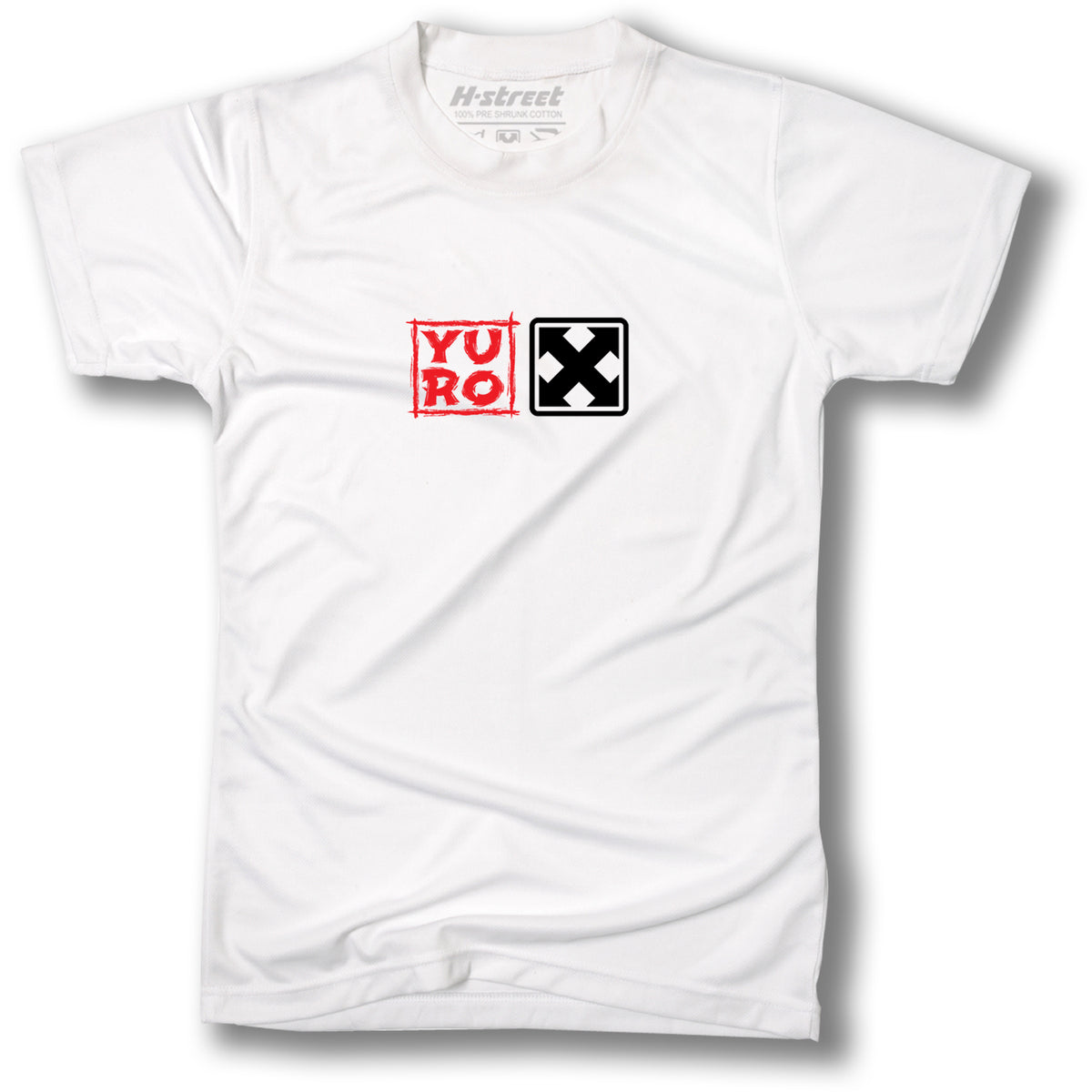 The Minuteman YURO GRAPHIC TEE is a white T-shirt with bold red “YU RO” block letters and a black square with a white X, inspired by the Yuro Nagahara pro model, both centered on the chest.