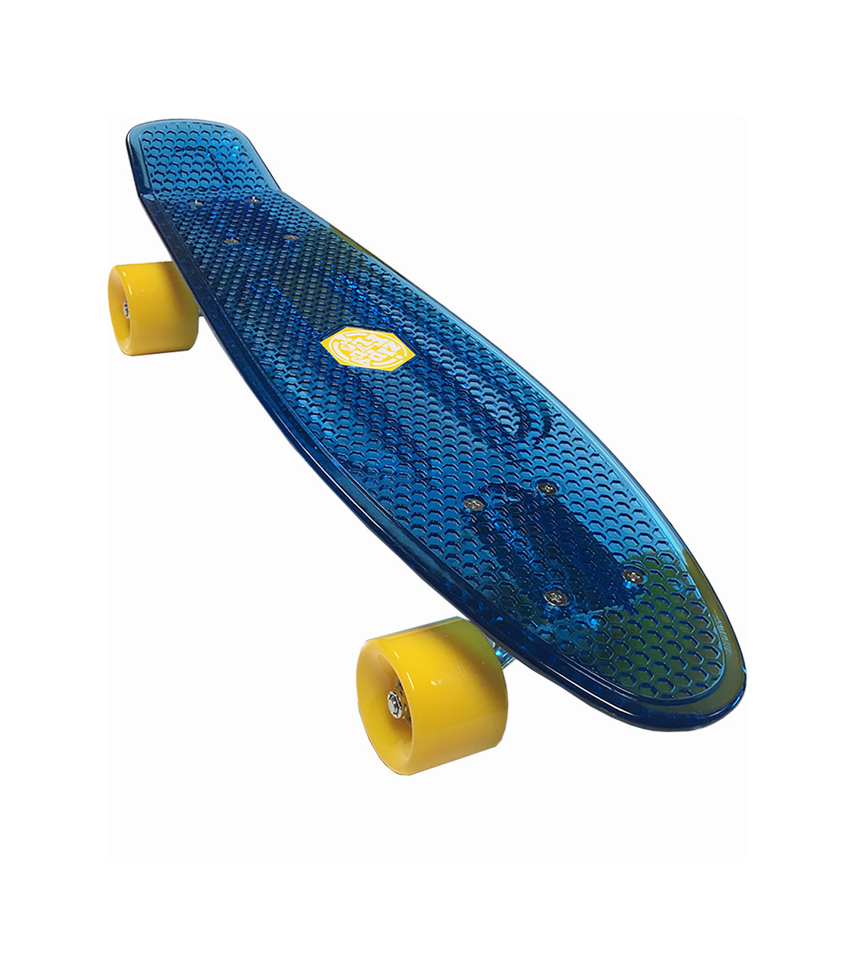 The Mindtwister USA ZIPPY FLYER COMPLETE skateboard, featuring a blue textured deck and bright yellow wheels, is shown at an angle against a white background—ideal for sidewalk surfing.