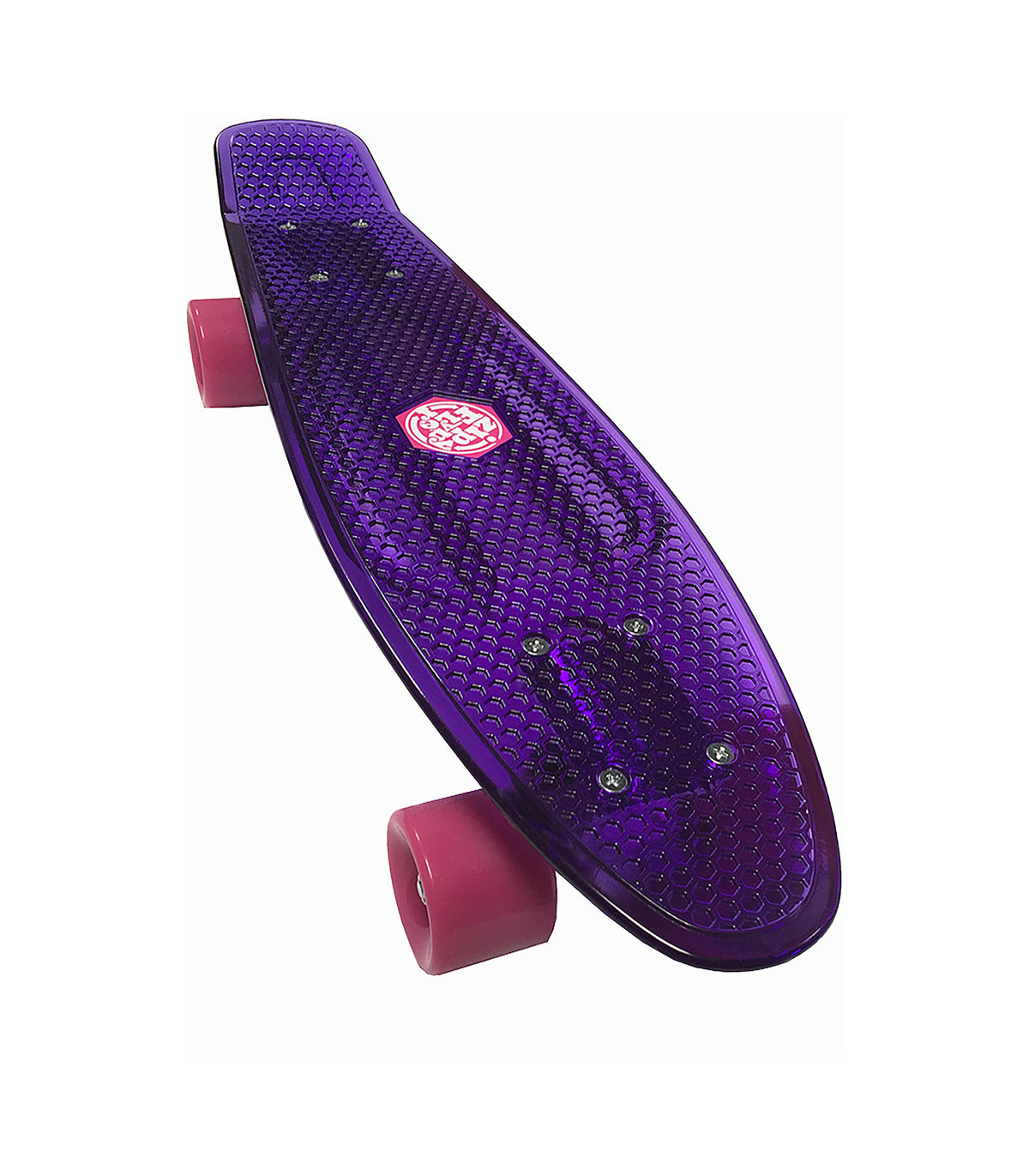 The Mindtwister USA ZIPPY FLYER COMPLETE features a translucent purple deck with a textured surface and pink wheels—stylishly designed for kids who love sidewalk surfing.
