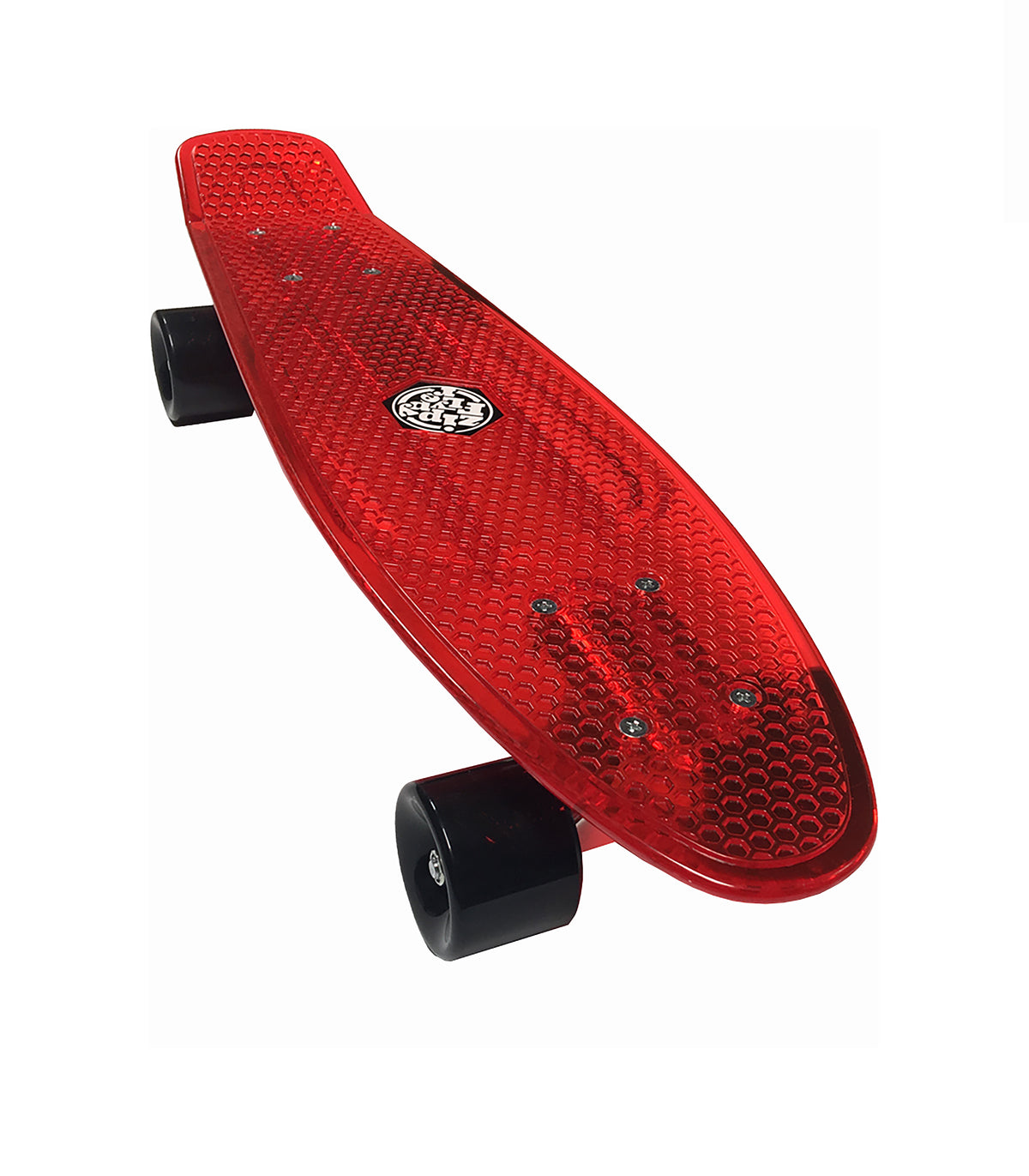 The Mindtwister USA ZIPPY FLYER COMPLETE is a red plastic skateboard with a textured deck, black wheels, and a central circular logo—ideal for kids and sidewalk surfing, shown here against a white background.
