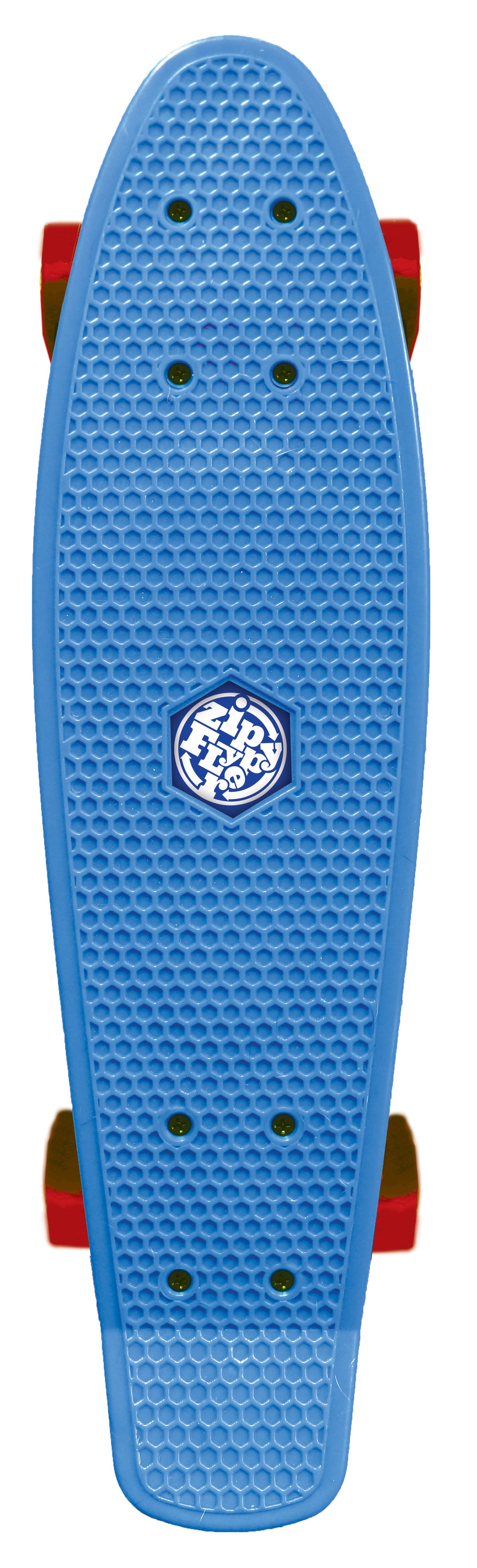 The Mindtwister USA ZIPPY FLYER COMPLETE is a blue plastic skateboard with a textured honeycomb deck, red wheels, and a white-blue center logo—perfect for kids who love sidewalk surfing. Image shows a top-down view of the board.
