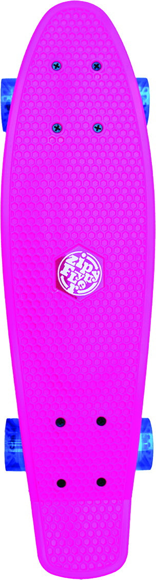 The Mindtwister USA ZIPPY FLYER COMPLETE is a bright pink skateboard for kids with a textured deck, blue wheels, and a circular center logo. Shown top-down, it displays the full length—ideal for sidewalk surfing fun.