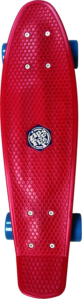 The ZIPPY FLYER COMPLETE by Mindtwister USA is a red plastic skateboard with a textured deck, circular center logo, and blue wheels—ideal for sidewalk surfing—shown from above.