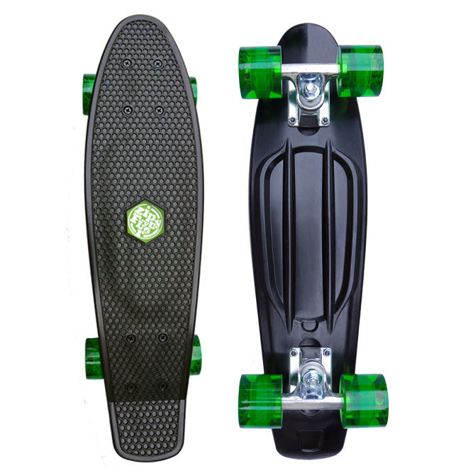 Black skateboard with green wheels on a white background